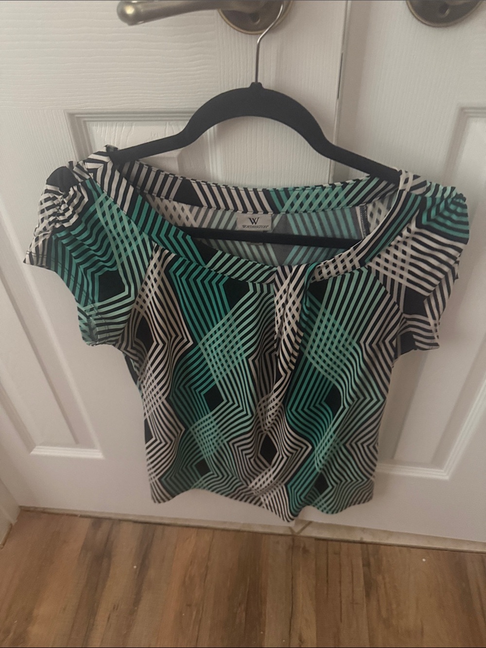 Worthington Teal and Black Geometric Short-Sleeve Blouse
